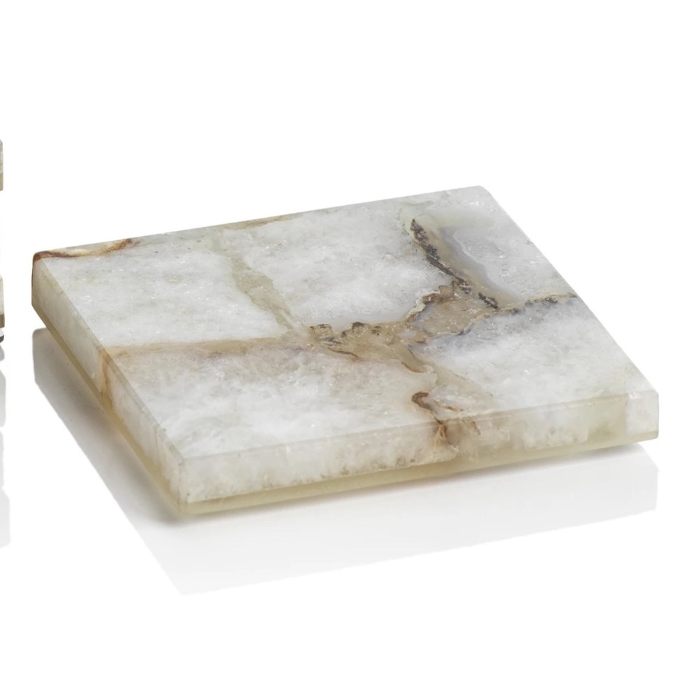 ZODAX CRETE AGATE COASTERS ON METAL TRAY TAUPE/WHITE - SET OF 4 - NEW IN BOX - Picture 3 of 5
